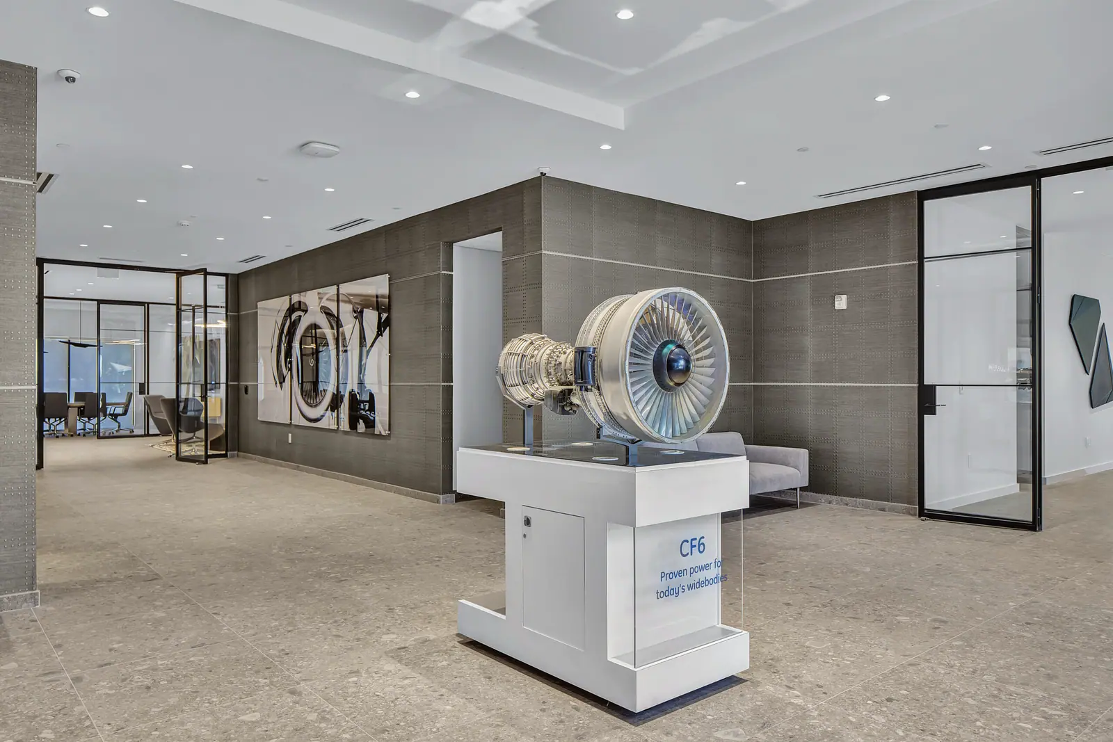Office lobby with a jet engine on display