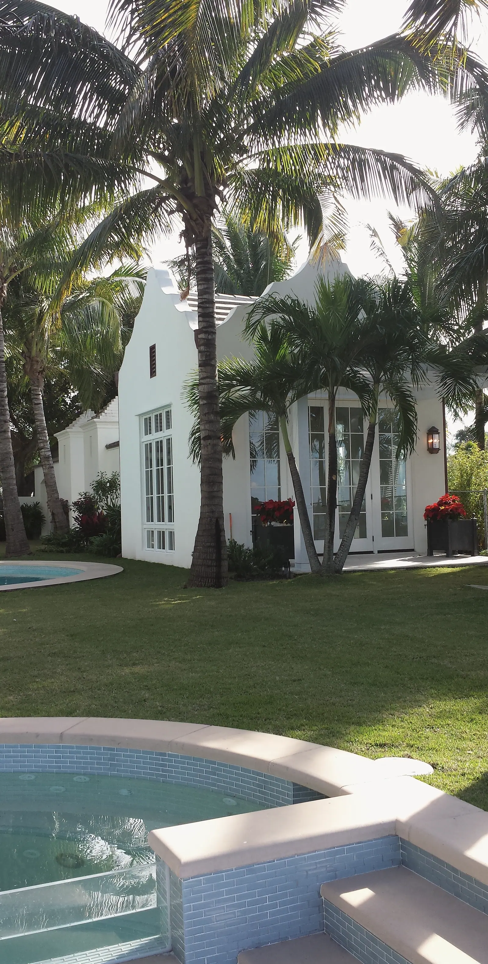 White pool house with curved gables and French doors among palms, with a blue glass tile spa in the foreground
